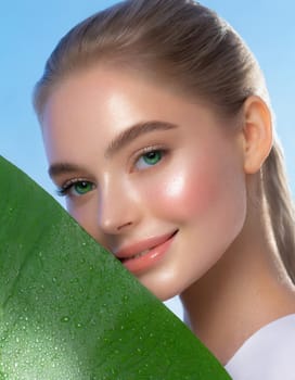 Portrait of young beautiful woman with healthy glow perfect smooth skin holds green tropical leaf, look into the hole of colored pink paper. Model with natural nude make up. Fashion, beauty, skincare