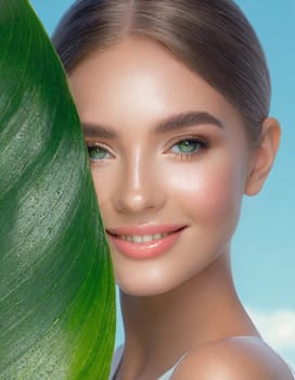Portrait of young beautiful woman with healthy glow perfect smooth skin holds green tropical leaf, look into the hole of colored pink paper. Model with natural nude make up. Fashion, beauty, skincare