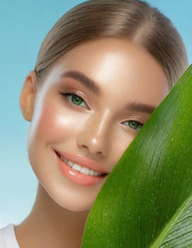 Portrait of young beautiful woman with healthy glow perfect smooth skin holds green tropical leaf, look into the hole of colored pink paper. Model with natural nude make up. Fashion, beauty, skincare