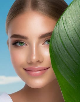 Portrait of young beautiful woman with healthy glow perfect smooth skin holds green tropical leaf, look into the hole of colored pink paper. Model with natural nude make up. Fashion, beauty, skincare