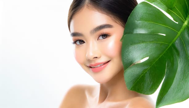 Portrait of young beautiful woman with healthy glow perfect smooth skin holds green tropical leaf. Model with natural nude make up. Gray background.