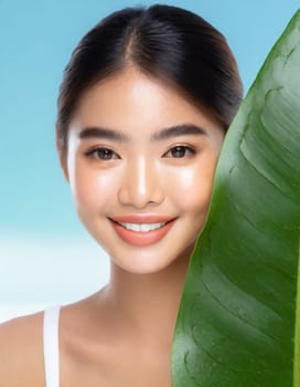 Gorgeous Asian young woman with a fresh leaf to her face