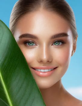 Portrait of young beautiful woman with healthy glow perfect smooth skin holds green tropical leaf, look into the hole of colored pink paper. Model with natural nude make up. Fashion, beauty, skincare