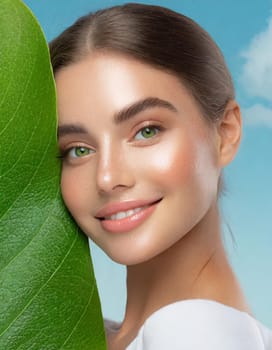 Portrait of young beautiful woman with healthy glow perfect smooth skin holds green tropical leaf, look into the hole of colored pink paper. Model with natural nude make up. Fashion, beauty, skincare