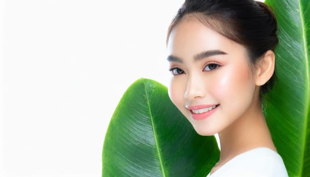 Portrait of young beautiful woman with healthy glow perfect smooth skin holds green tropical leaf. Model with natural nude make up. Gray background.