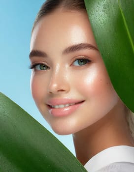 Portrait of young beautiful woman with healthy glow perfect smooth skin holds green tropical leaf, look into the hole of colored pink paper. Model with natural nude make up. Fashion, beauty, skincare