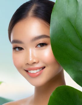 Gorgeous Asian young woman with a fresh leaf to her face