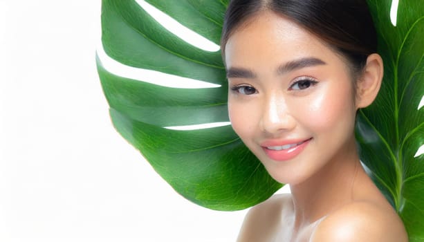 Portrait of young beautiful woman with healthy glow perfect smooth skin holds green tropical leaf. Model with natural nude make up. Gray background.