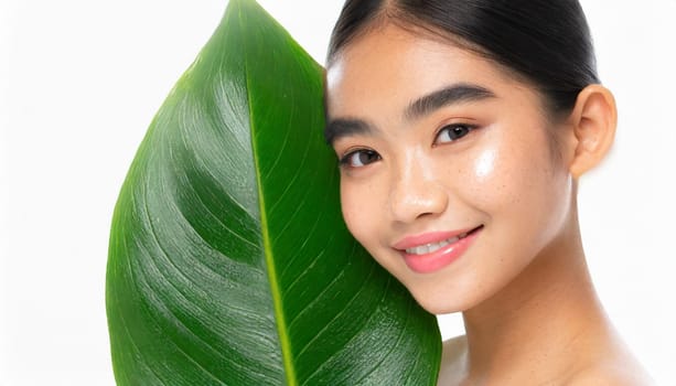 Portrait of young beautiful woman with healthy glow perfect smooth skin holds green tropical leaf. Model with natural nude make up. Gray background.