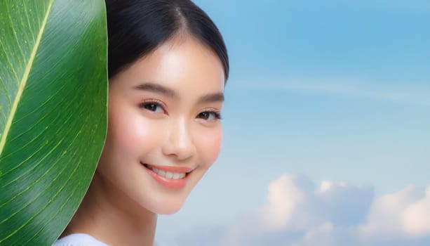 Portrait of young beautiful woman with healthy glow perfect smooth skin holds green tropical leaf. Model with natural nude make up. Gray background.