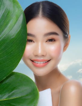 Portrait of young beautiful woman with healthy glow perfect smooth skin holds green tropical leaf, look into the hole of colored pink paper. Model with natural nude make up. Fashion, beauty, skincare