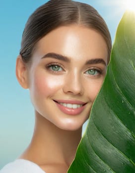 Portrait of young beautiful woman with healthy glow perfect smooth skin holds green tropical leaf, look into the hole of colored pink paper. Model with natural nude make up. Fashion, beauty, skincare