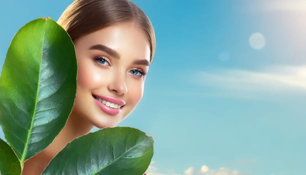 Portrait of young beautiful woman with healthy glow perfect smooth skin holds green tropical leaf. Model with natural nude make up. Gray background.