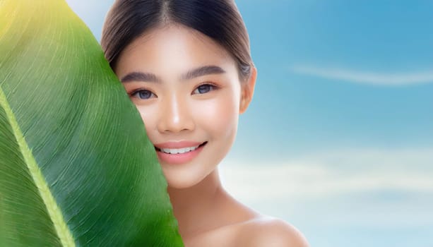 Portrait of young beautiful woman with healthy glow perfect smooth skin holds green tropical leaf. Model with natural nude make up. Gray background.