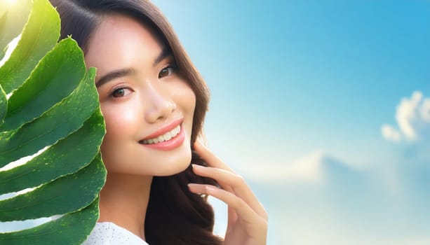 Portrait of young beautiful woman with healthy glow perfect smooth skin holds green tropical leaf. Model with natural nude make up. Gray background.