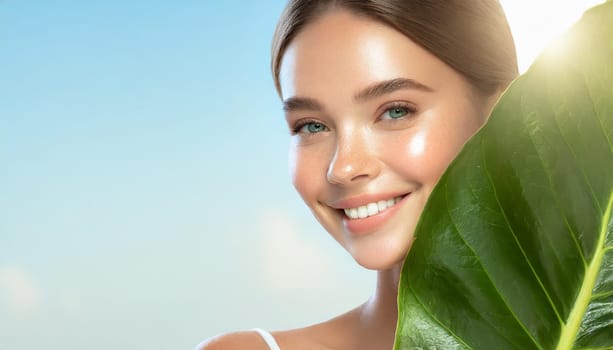 Portrait of young beautiful woman with healthy glow perfect smooth skin holds green tropical leaf. Model with natural nude make up. Gray background.