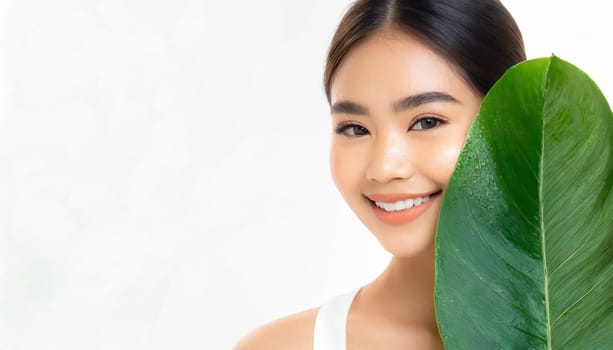 Portrait of young beautiful woman with healthy glow perfect smooth skin holds green tropical leaf. Model with natural nude make up. Gray background.