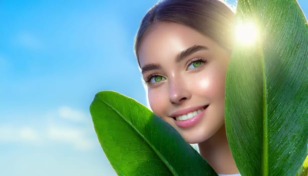 Portrait of young beautiful woman with healthy glow perfect smooth skin holds green tropical leaf. Model with natural nude make up. Gray background.