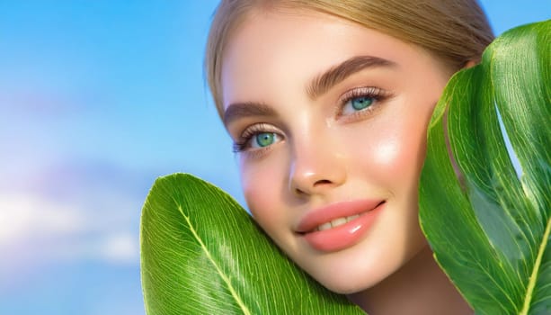 Portrait of young beautiful woman with healthy glow perfect smooth skin holds green tropical leaf. Model with natural nude make up. Gray background.