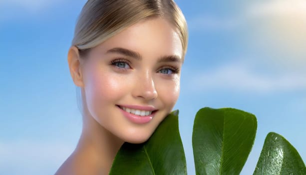 Portrait of young beautiful woman with healthy glow perfect smooth skin holds green tropical leaf. Model with natural nude make up. Gray background.