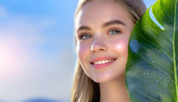 Portrait of young beautiful woman with healthy glow perfect smooth skin holds green tropical leaf. Model with natural nude make up. Gray background.