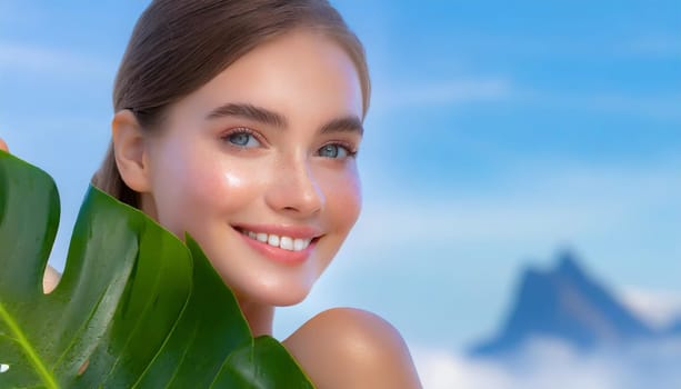 Portrait of young beautiful woman with healthy glow perfect smooth skin holds green tropical leaf. Model with natural nude make up. Gray background.
