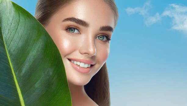 Portrait of young beautiful woman with healthy glow perfect smooth skin holds green tropical leaf. Model with natural nude make up. Gray background.