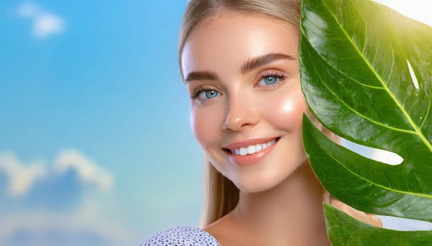 Portrait of young beautiful woman with healthy glow perfect smooth skin holds green tropical leaf. Model with natural nude make up. Gray background.