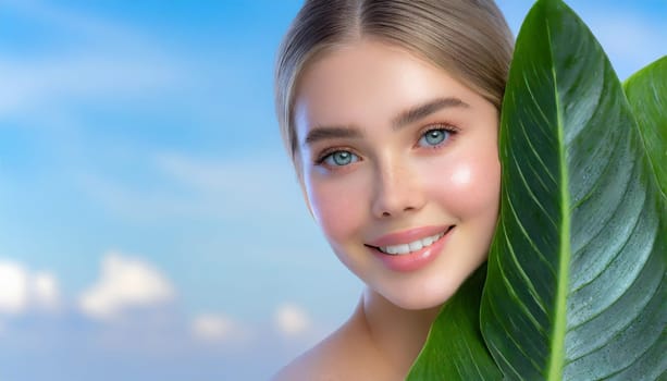 Portrait of young beautiful woman with healthy glow perfect smooth skin holds green tropical leaf. Model with natural nude make up. Gray background.