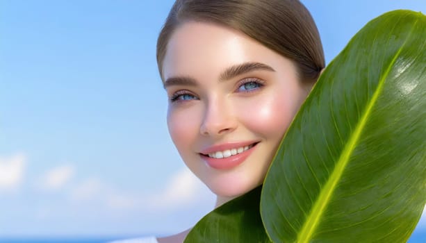 Portrait of young beautiful woman with healthy glow perfect smooth skin holds green tropical leaf. Model with natural nude make up. Gray background.