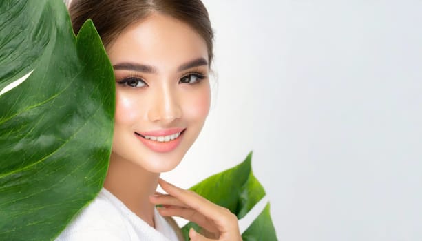 Portrait of young beautiful woman with healthy glow perfect smooth skin holds green tropical leaf. Model with natural nude make up. Gray background.