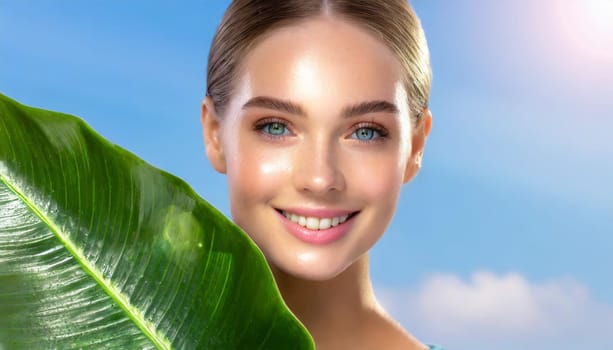 Portrait of young beautiful woman with healthy glow perfect smooth skin holds green tropical leaf. Model with natural nude make up. Gray background.