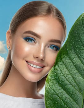 Portrait of young beautiful woman with healthy glow perfect smooth skin holds green tropical leaf. Model with natural nude make up. Gray background.
