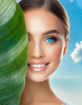 Portrait of young beautiful woman with healthy glow perfect smooth skin holds green tropical leaf. Model with natural nude make up. Gray background.