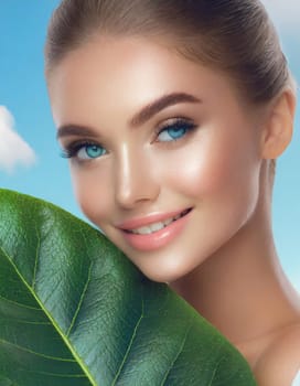 Portrait of young beautiful woman with healthy glow perfect smooth skin holds green tropical leaf. Model with natural nude make up. Gray background.