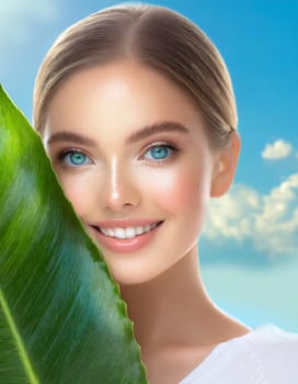 Portrait of young beautiful woman with healthy glow perfect smooth skin holds green tropical leaf. Model with natural nude make up. Gray background.