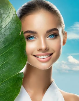 Portrait of young beautiful woman with healthy glow perfect smooth skin holds green tropical leaf. Model with natural nude make up. Gray background.