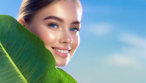 Portrait of young beautiful woman with healthy glow perfect smooth skin holds green tropical leaf. Model with natural nude make up. Gray background.