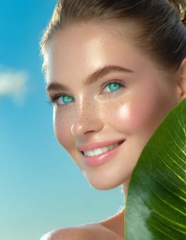Portrait of young beautiful woman with healthy glow perfect smooth skin holds green tropical leaf. Model with natural nude make up. Gray background.