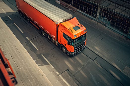 Aerial view an orange truck parked on the side of road, logistic,delivery concept. AI generated