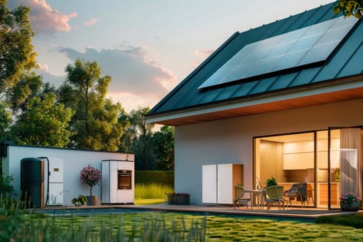 Modern suburban house, smart home powered by photovoltaic solar cells. AI generated