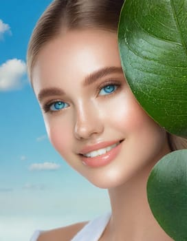 Portrait of young beautiful woman with healthy glow perfect smooth skin holds green tropical leaf. Model with natural nude make up. Gray background.