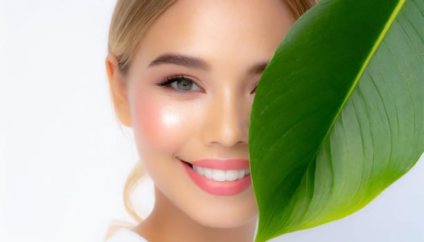 Portrait of young beautiful woman with healthy glow perfect smooth skin holds green tropical leaf. Model with natural nude make up. Gray background.