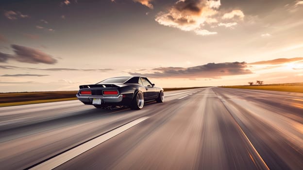 Back view tracking shot of a black car speeding on empty highway . AI generated