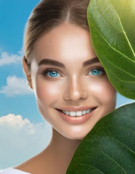 Portrait of young beautiful woman with healthy glow perfect smooth skin holds green tropical leaf. Model with natural nude make up. Gray background.