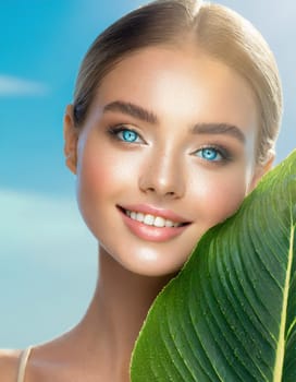 Portrait of young beautiful woman with healthy glow perfect smooth skin holds green tropical leaf. Model with natural nude make up. Gray background.
