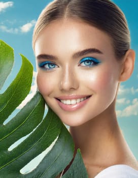 Portrait of young beautiful woman with healthy glow perfect smooth skin holds green tropical leaf. Model with natural nude make up. Gray background.