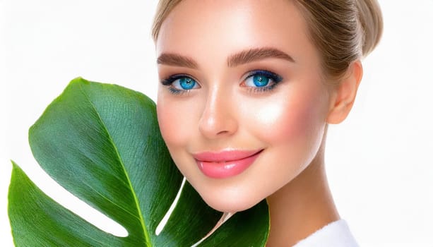 Portrait of young beautiful woman with healthy glow perfect smooth skin holds green tropical leaf. Model with natural nude make up. Gray background.