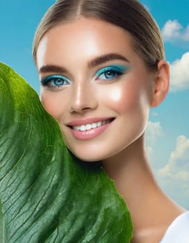 Portrait of young beautiful woman with healthy glow perfect smooth skin holds green tropical leaf. Model with natural nude make up. Gray background.