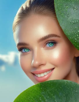 Portrait of young beautiful woman with healthy glow perfect smooth skin holds green tropical leaf. Model with natural nude make up. Gray background.